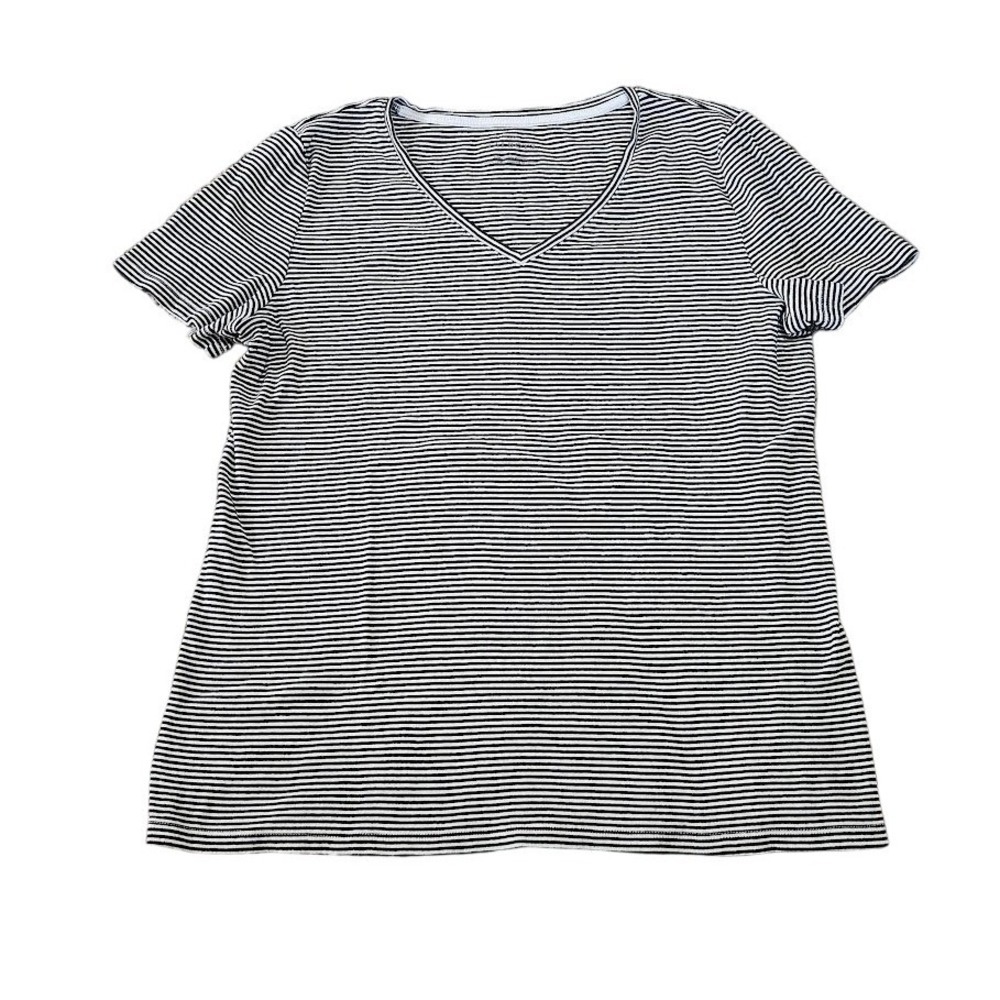 The Talbots Tee Women Large Black White Striped V-Neck Short Sleeve Cotton Top